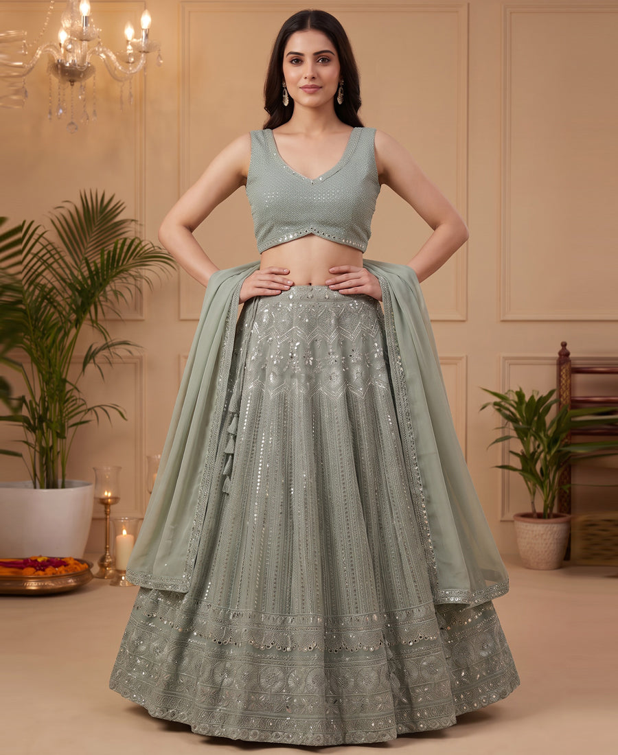 Jungle Mist Color Georgette Sequins Work Lehenga Choli