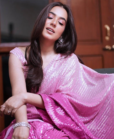 Pink Color Soft Shaded Georgette Sequins Work Saree