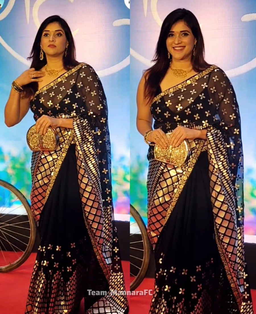 Black Color Blooming Rangoli Silk Zari And Foil Embroidery Work Saree