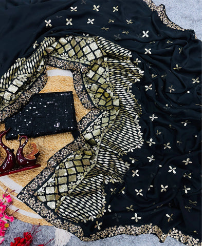 Black Color Blooming Rangoli Silk Zari And Foil Embroidery Work Saree