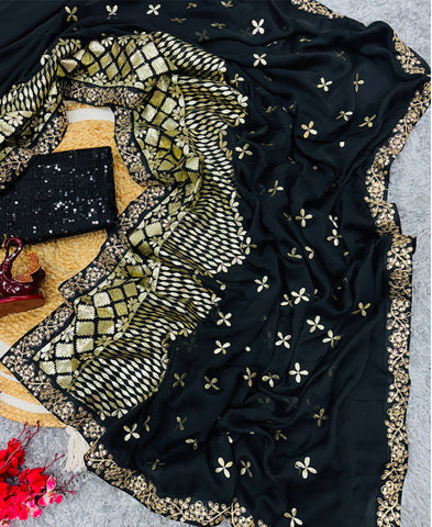 Black Color Blooming Rangoli Silk Zari And Foil Embroidery Work Saree