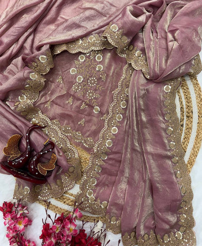 Space Silk With Beautiful Sequins And Cording Embroidery Work Saree