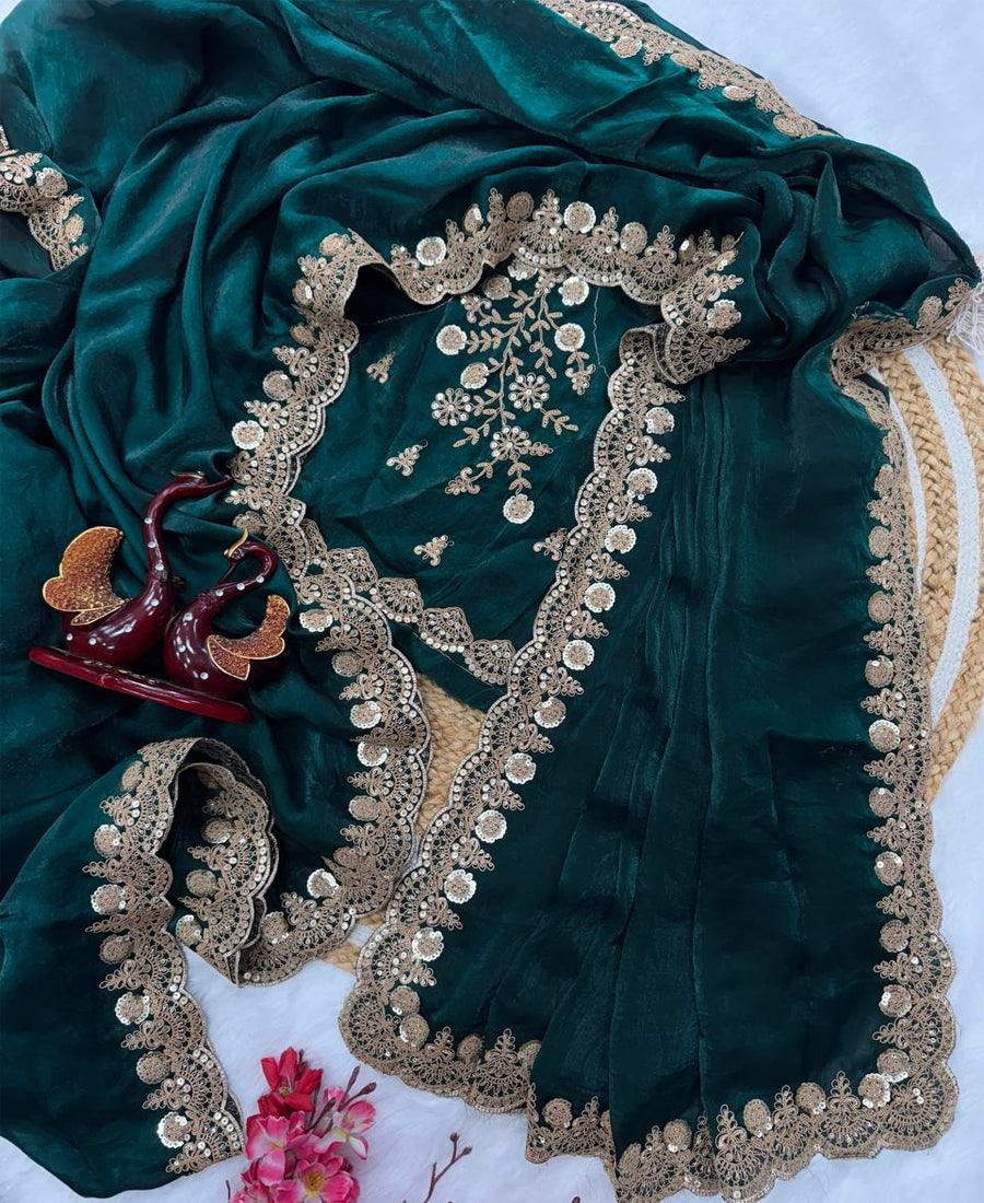 Space Silk With Beautiful Sequins And Cording Embroidery Work Saree