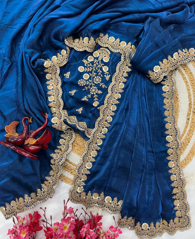 Space Silk With Beautiful Sequins And Cording Embroidery Work Saree