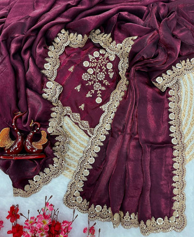 Space Silk With Beautiful Sequins And Cording Embroidery Work Saree