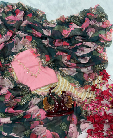Tebby Silk Floral Print With Katdana And Pearls Handwork Saree