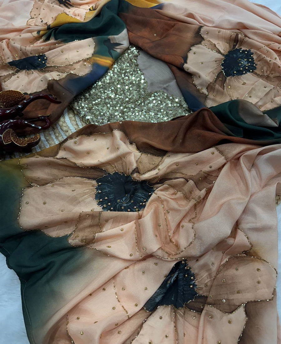 Satin Crepe Floral Print With Katdana And Pearls Handwork Saree
