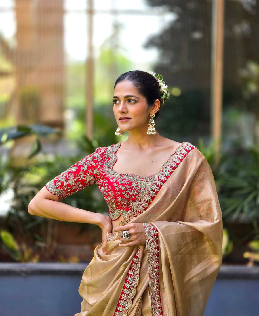 Soft Tissue Sequins And Cording Embroidery Work Saree