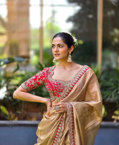 Soft Tissue Sequins And Cording Embroidery Work Saree