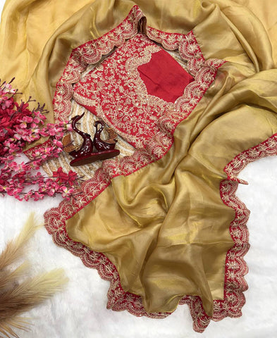 Soft Tissue Sequins And Cording Embroidery Work Saree