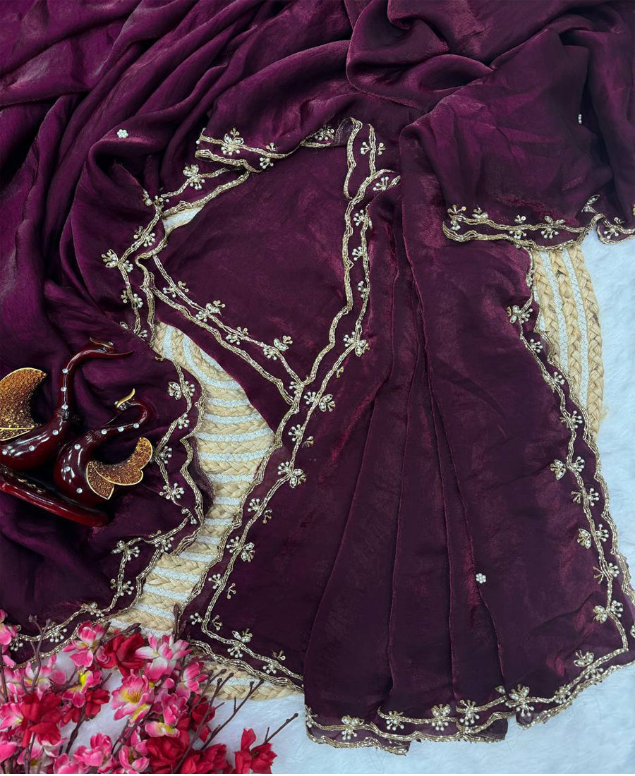 Space Silk Katdana And Pearls Handwork Saree