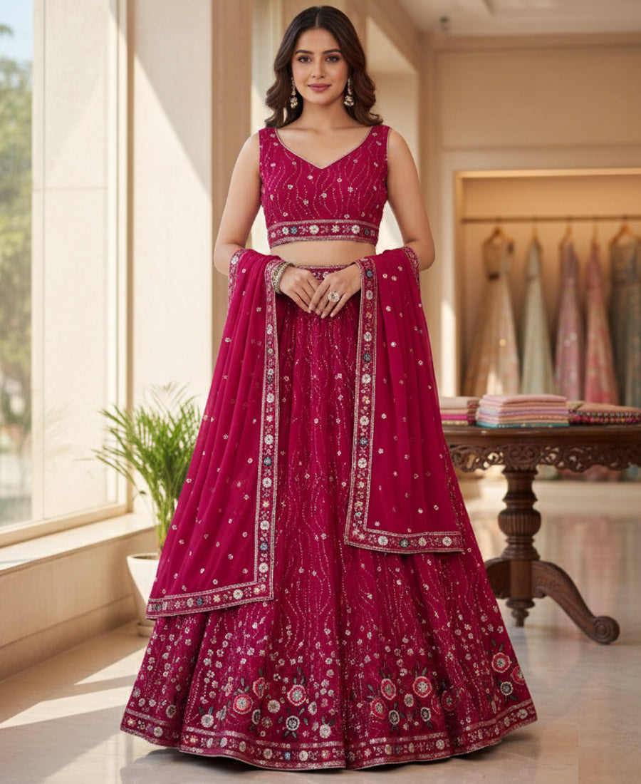 Mulberry Color Sequins and Multi Thread Work Lehenga Choli