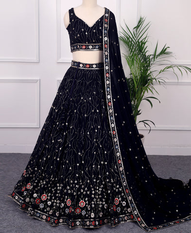 Navy Blue Color Goergette Sequins And Thread Work Lehenga Choli
