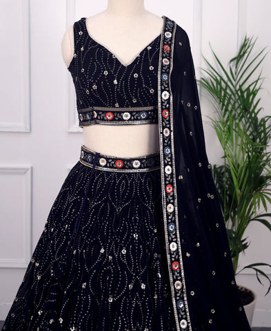 Navy Blue Color Goergette Sequins And Thread Work Lehenga Choli