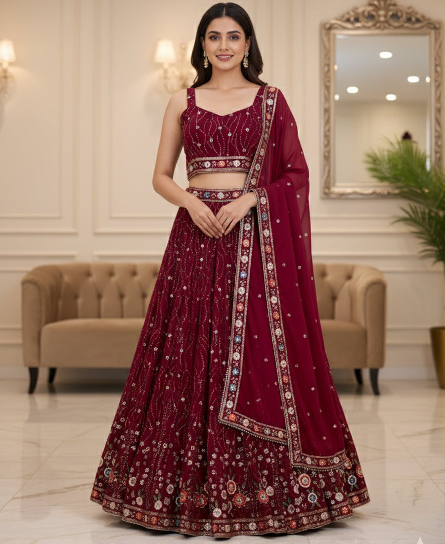 Wine Color Sequins and Multi Thread Work Lehenga Choli