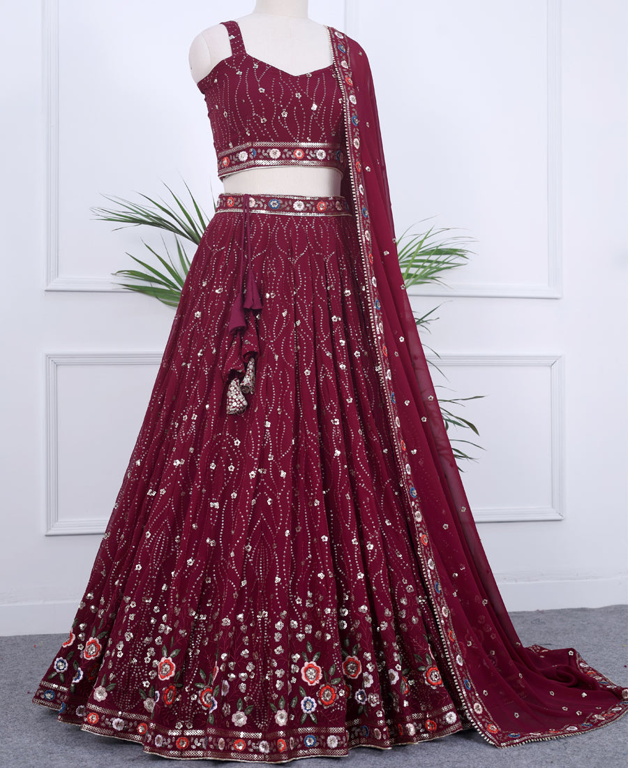 Wine Berry Color Sequins and Multi Thread Embroidery Lehenga Choli
