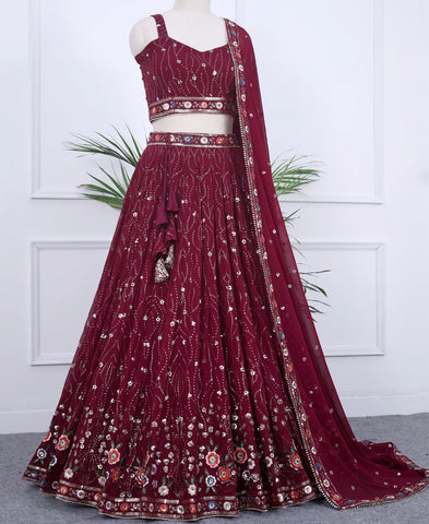 Wine Color Sequins and Multi Thread Work Lehenga Choli