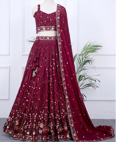 Wine Color Sequins and Multi Thread Work Lehenga Choli