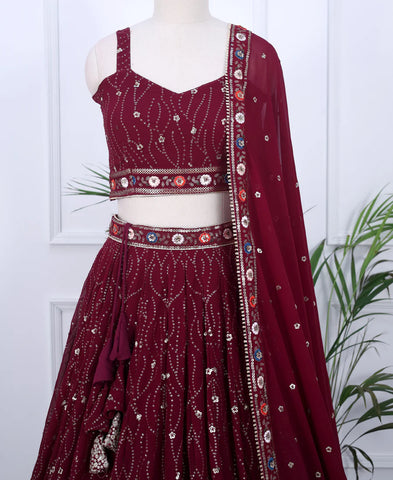 Wine Color Sequins and Multi Thread Work Lehenga Choli