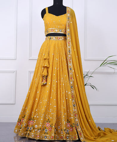 Yellow Color Sequins and Multi Thread Work Lehenga Choli