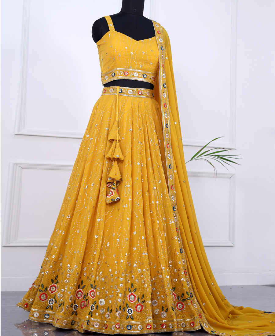 Yellow Color Sequins and Multi Thread Work Lehenga Choli