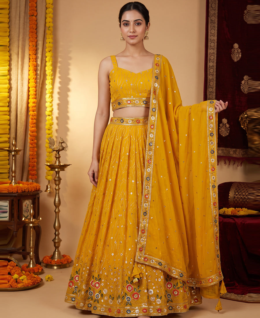 Yellow Color Sequins and Multi Thread Work Lehenga Choli