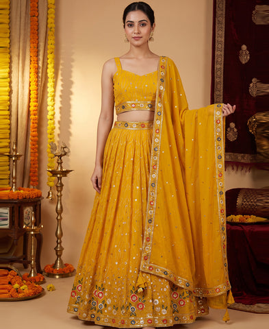 Yellow Color Sequins and Multi Thread Work Lehenga Choli