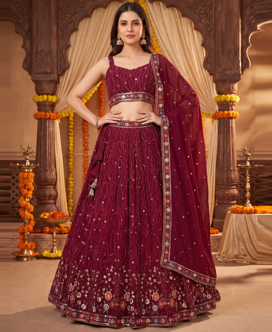 Wine Berry Color Sequins and Multi Thread Embroidery Lehenga Choli
