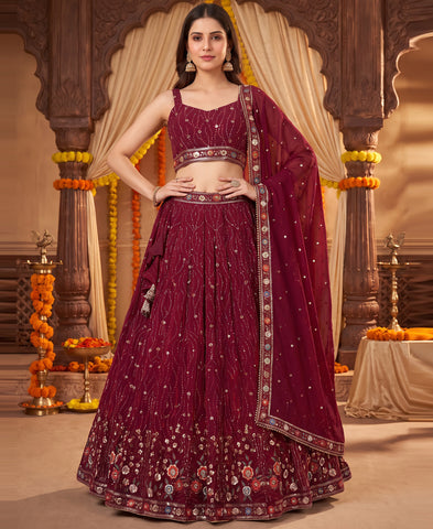 Wine Berry Color Sequins and Multi Thread Embroidery Lehenga Choli