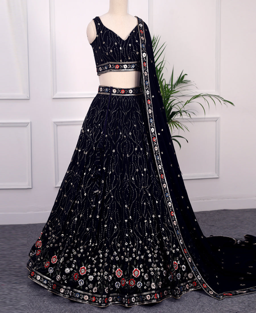 Navy Blue Color Goergette Sequins And Thread Work Lehenga Choli