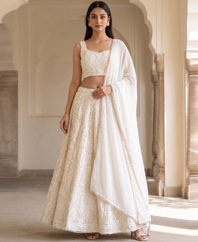 RE - White Partywear Embroidered Work Georgette Lehenga Choli