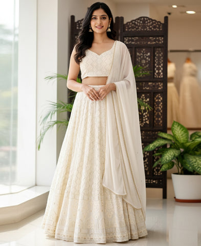 White Color Georgette Sequins Work Lehenga Choli