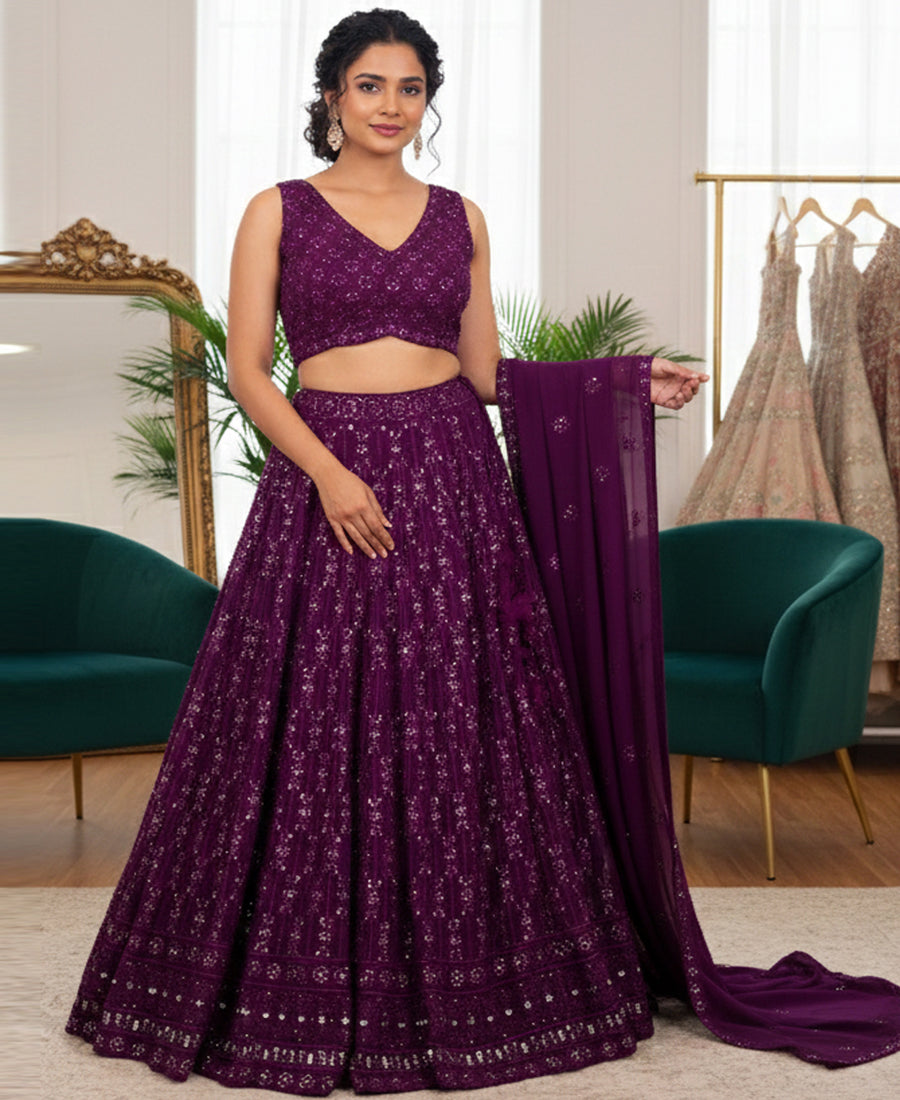 Wine Coloured Georgette Sequins Work Lehenga Choli