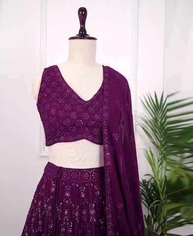 Wine Coloured Georgette Sequins Work Lehenga Choli