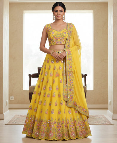 Yellow Georgette Foil Mirror and Sequins Embroidered Lehenga Choli