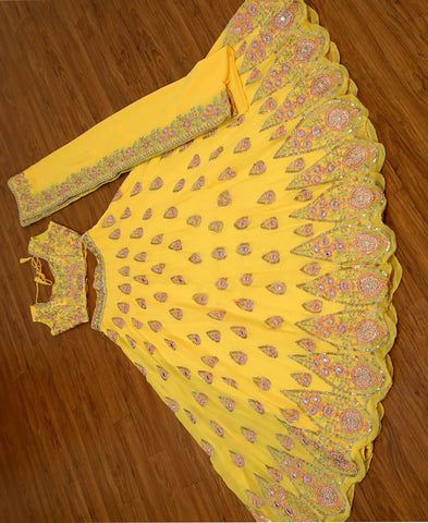 Yellow Georgette Foil Mirror and Sequins Embroidered Lehenga Choli