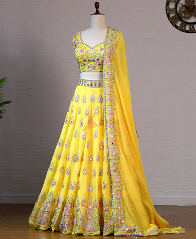Yellow Georgette Foil Mirror and Sequins Embroidered Lehenga Choli