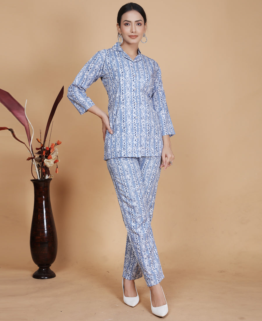 Preety Sky Blue Geometric printed Co-ord Set