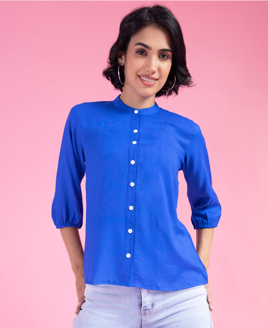 Blue Rayon Puff Sleeves Shirt