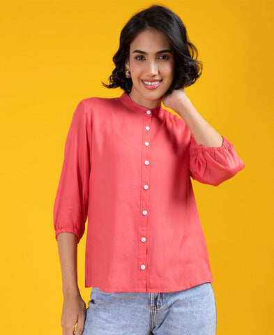 Peach Pink Rayon Puff Sleeves Shirt