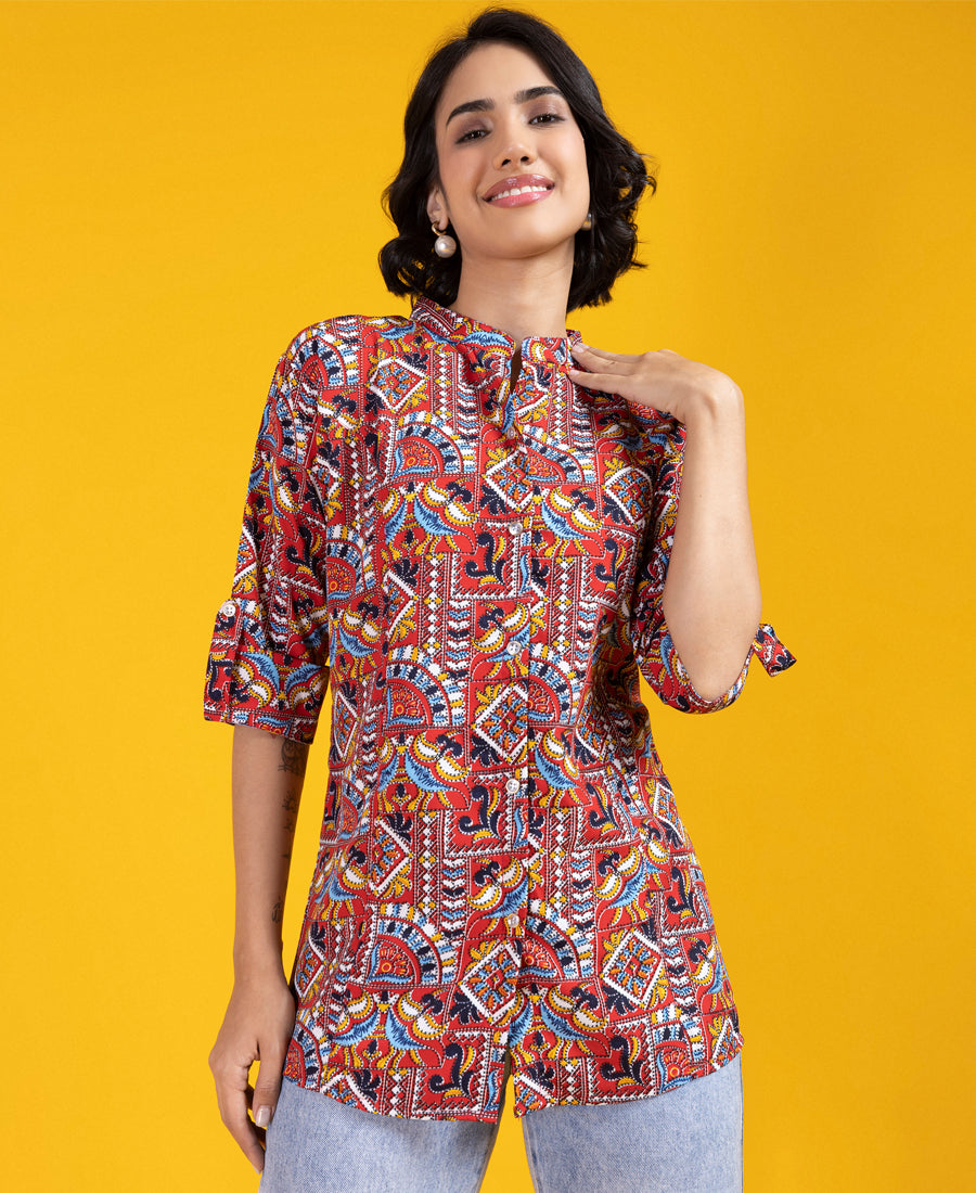 Multicolor Geometric Printed Mandarin Collar Shirt