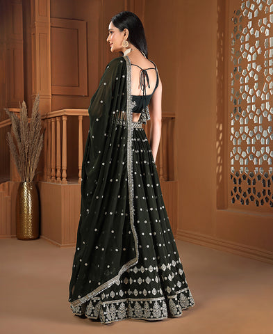 Dark Green Color Sequins Embroidery Work Semi-Stiched Lehenga Choli