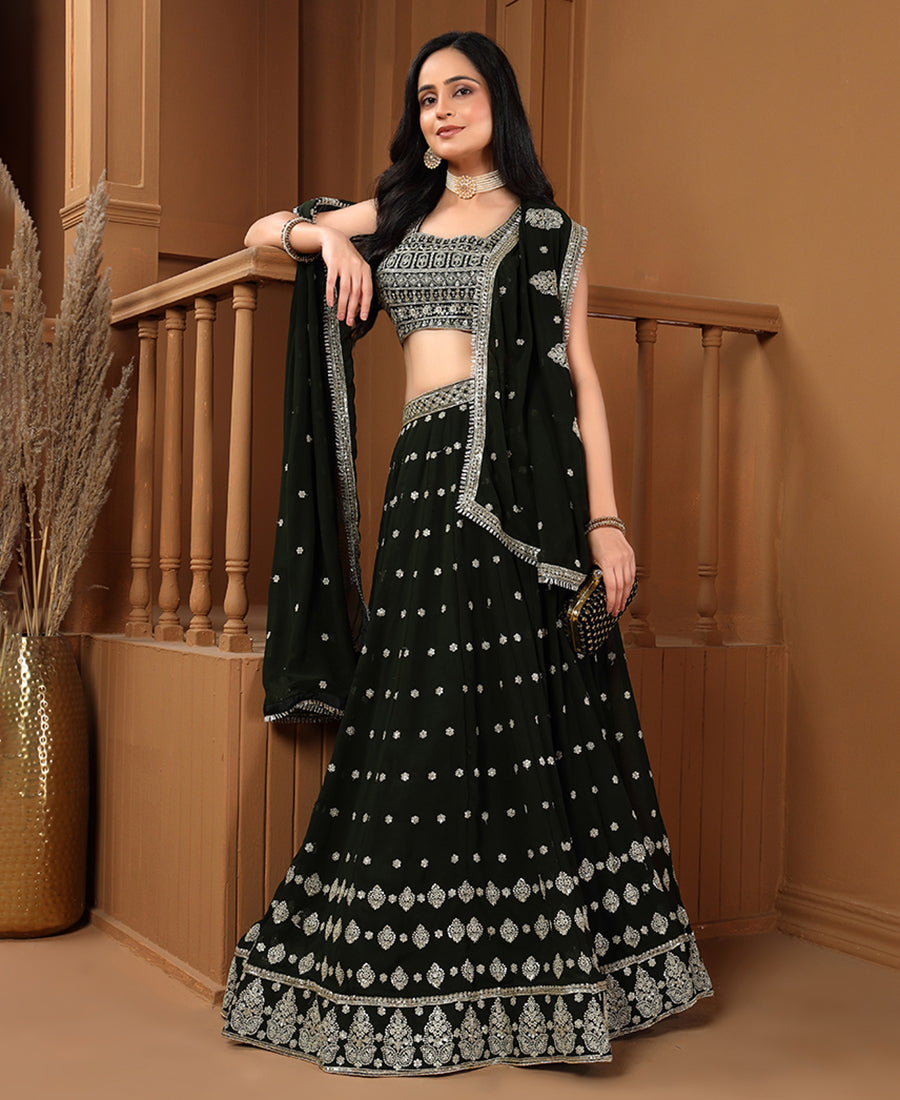 Dark Green Color Sequins Embroidery Work Semi-Stiched Lehenga Choli