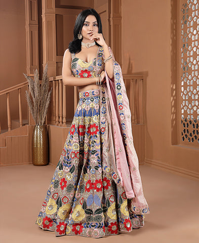 Multi Color Fendi Fabric Sequins and Thread work Lehenga Choli