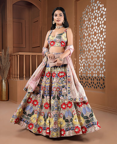 Multi Color Fendi Fabric Sequins and Thread work Lehenga Choli