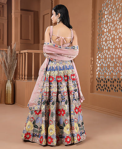 Multi Color Fendi Fabric Sequins and Thread work Lehenga Choli