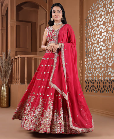 Red Color Georgette Sequins Work Semi-stiched Lehenga Choli