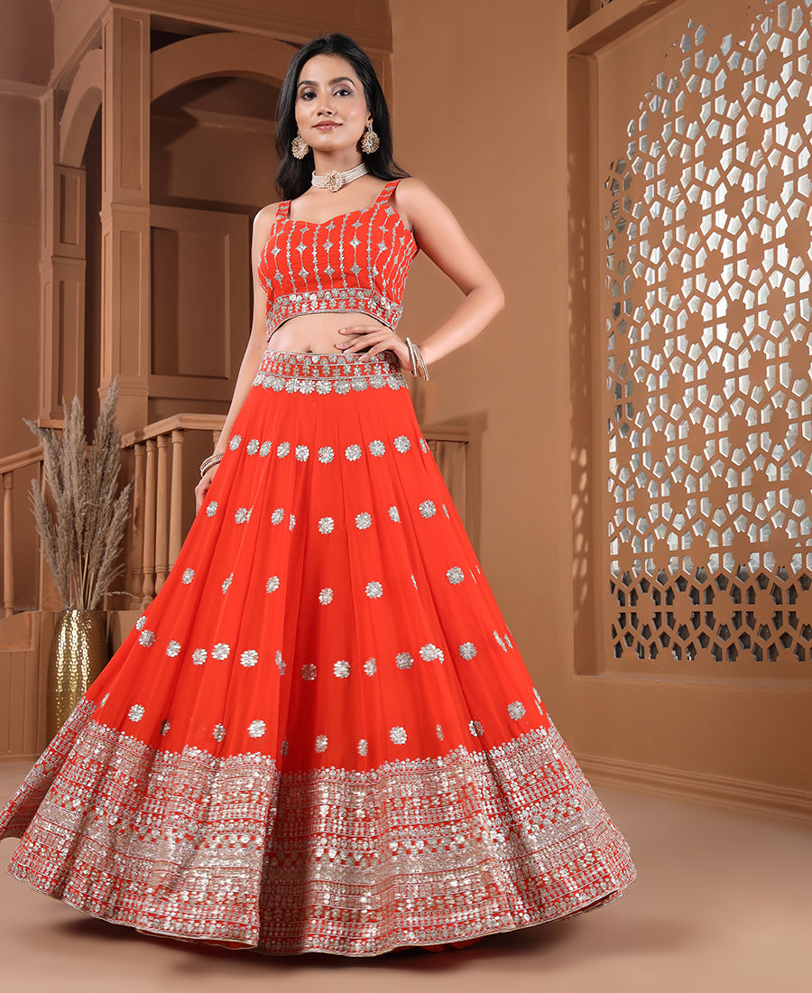 Orange Color Georgette Sequins Work Lehenga Choli