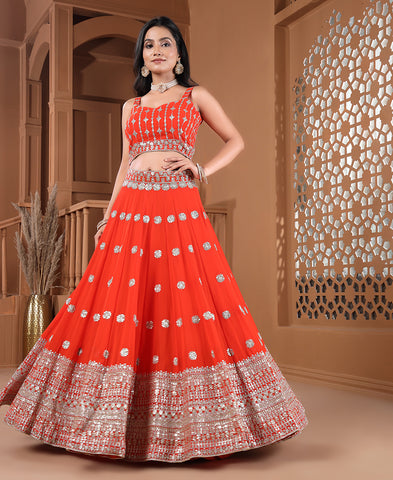 Orange Color Georgette Sequins Work Lehenga Choli