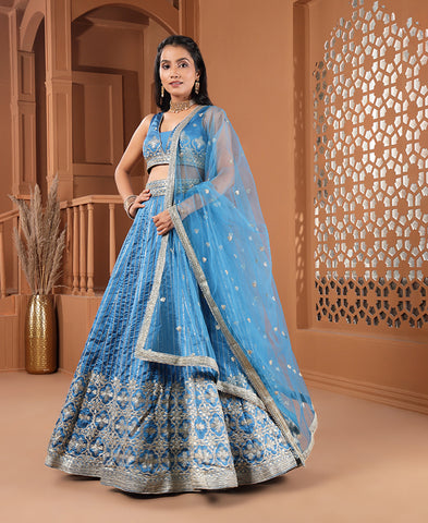 Blue Color Tapeta Silk Silver Zari and Sequins Work Lehenga Choli with Net Dupatta